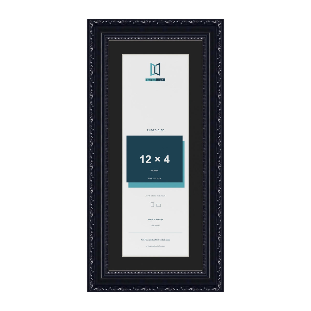 Louis Black 14 x 6 inch picture frame with a black mount for a 12 x 4 inch photo