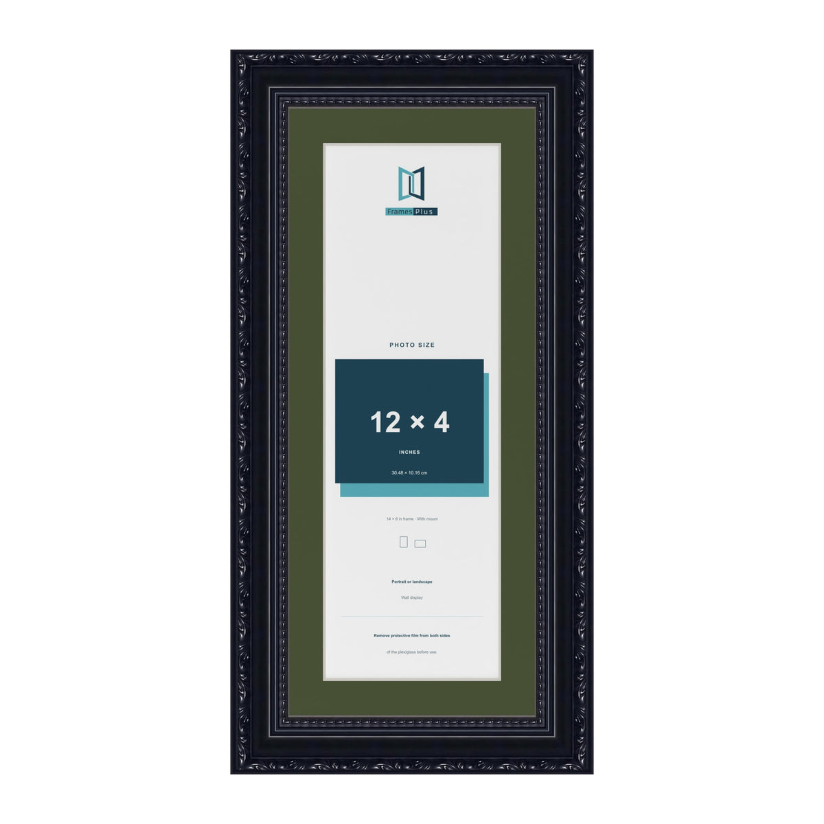 Louis Black 14 x 6 inch picture frame with a green mount for a 12 x 4 inch photo