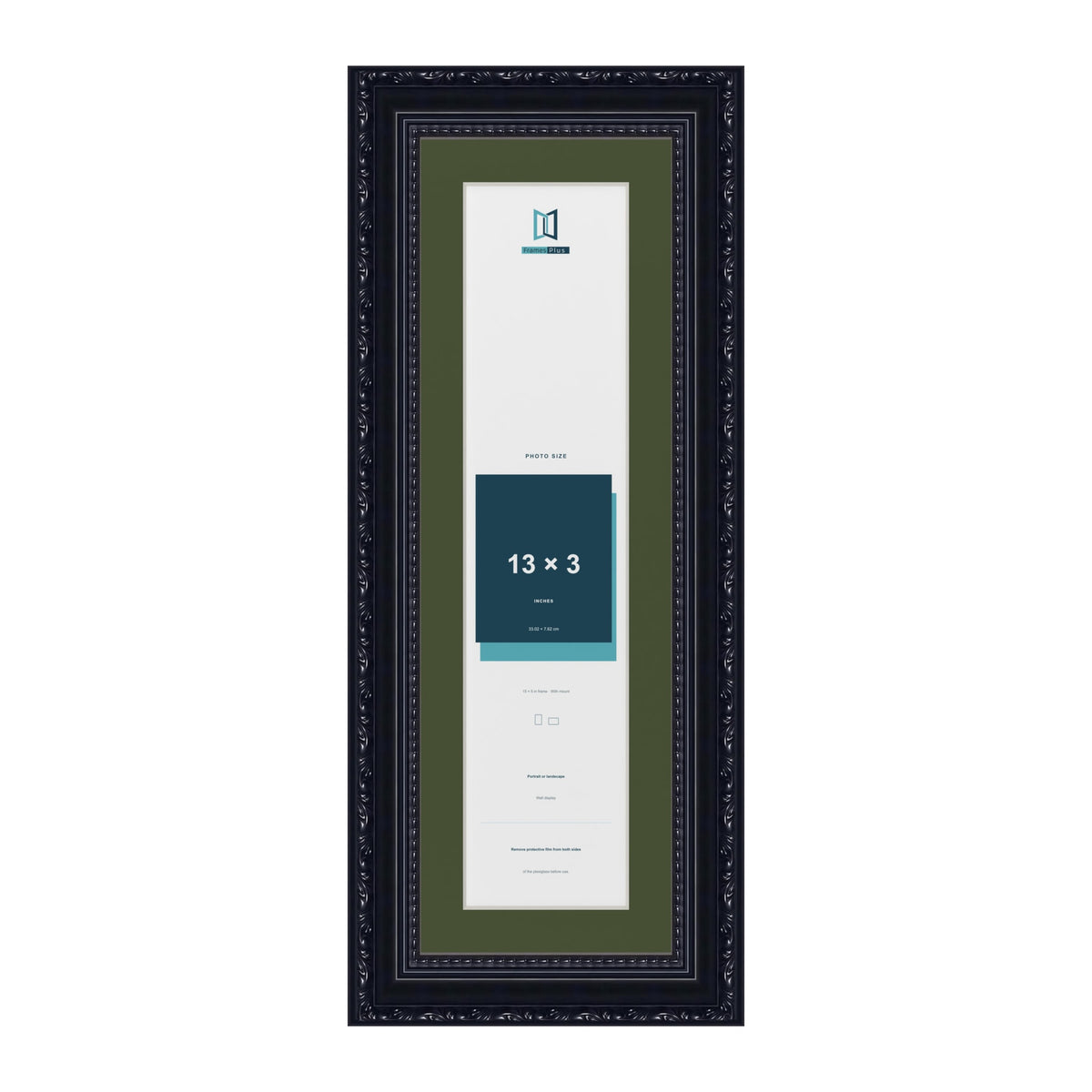 Louis Black 15 x 5 inch picture frame with a green mount for a 13 x 3 inch photo