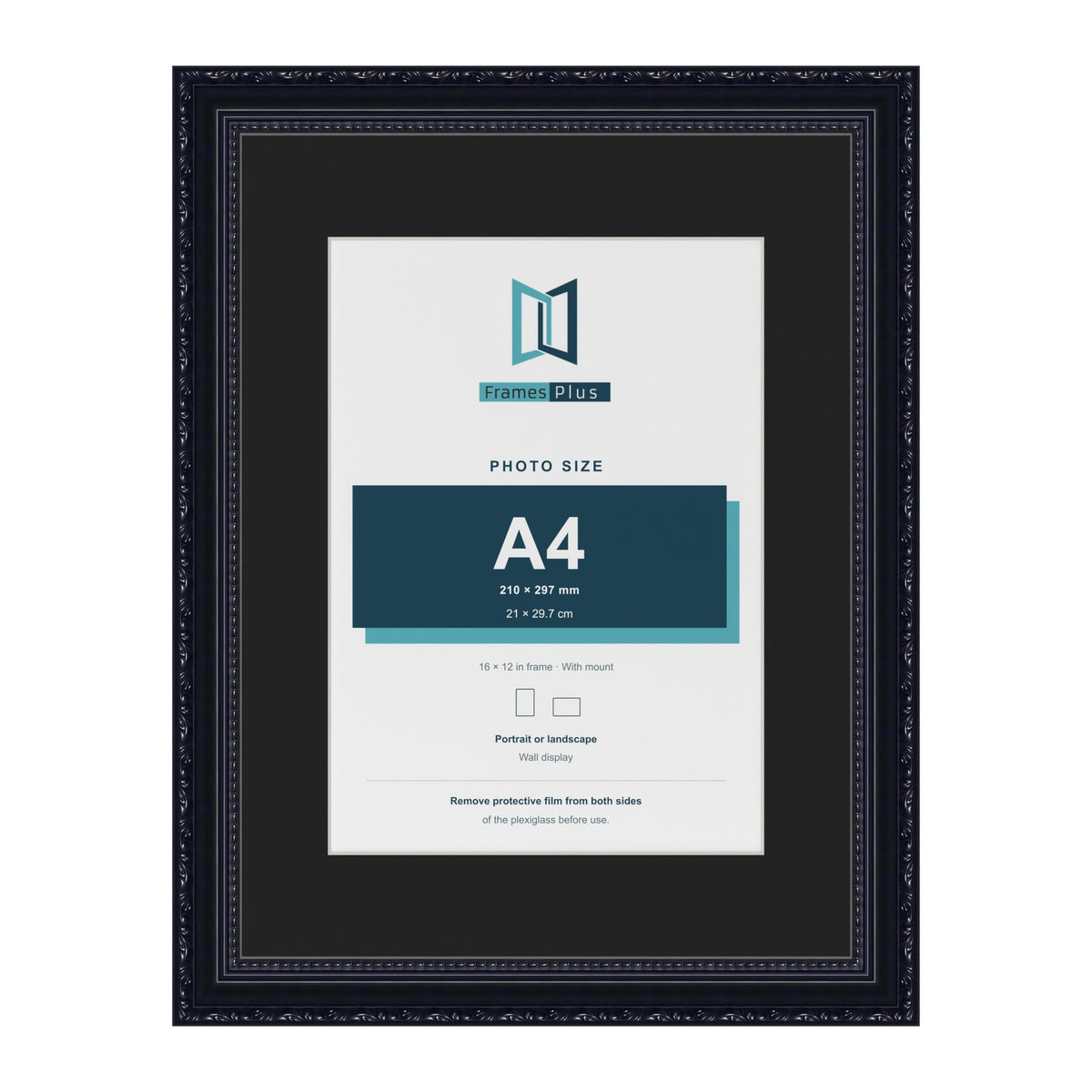 Louis Black 16 x 12 inch picture frame with a black mount for an A4 photo