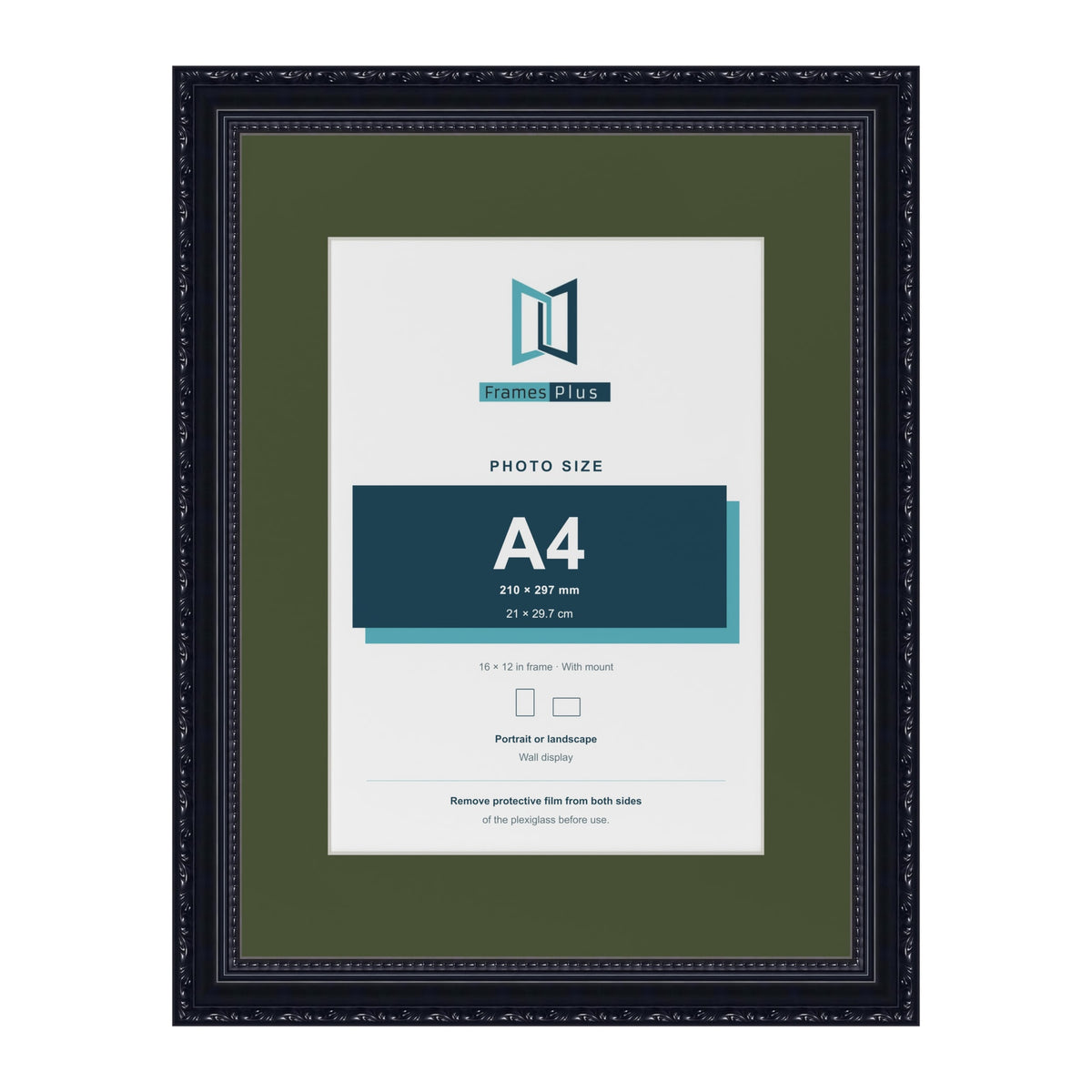 Louis Black 16 x 12 inch picture frame with a green mount for an A4 photo