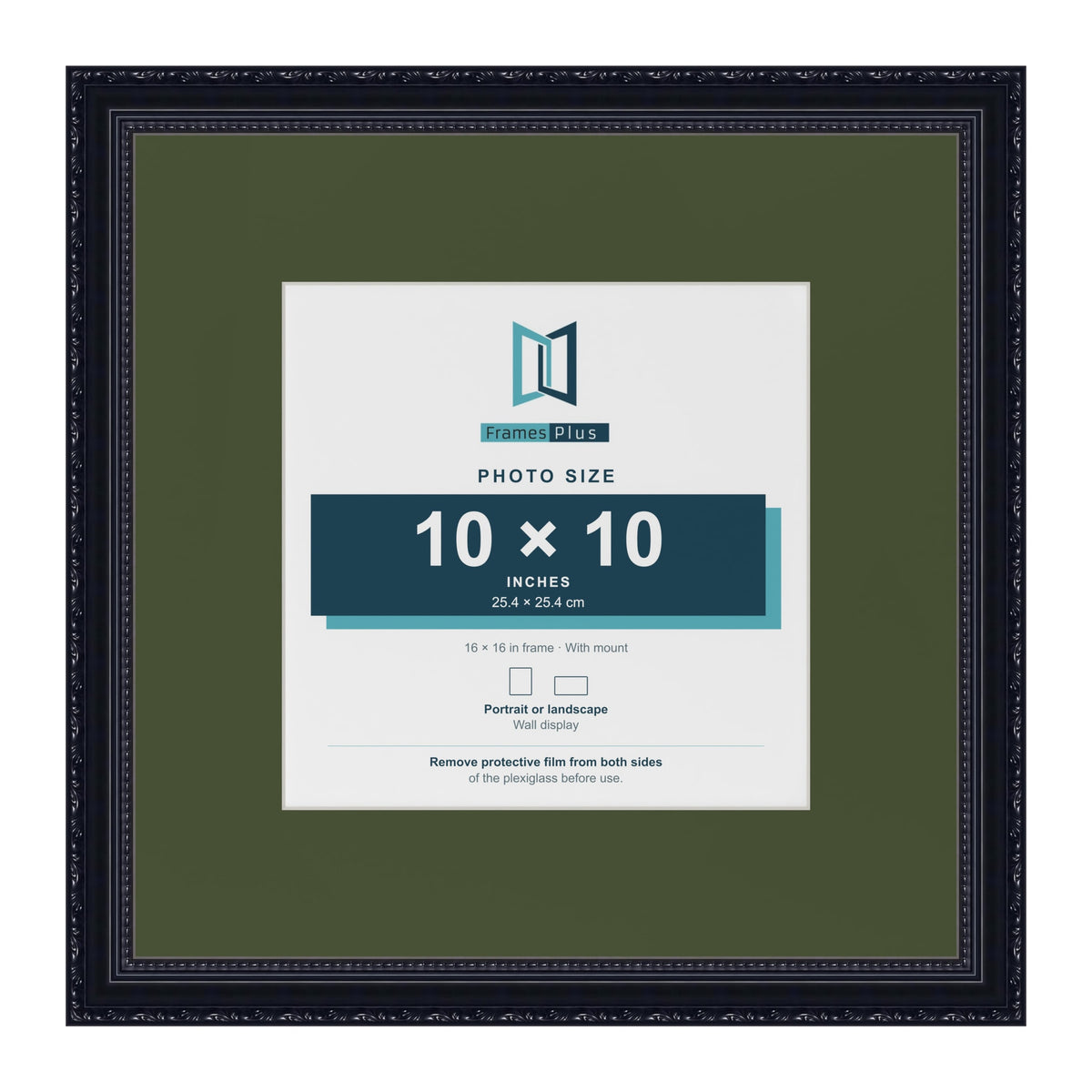 Louis Black 16 x 16 inch picture frame with a green mount for a 10 x 10 inch photo