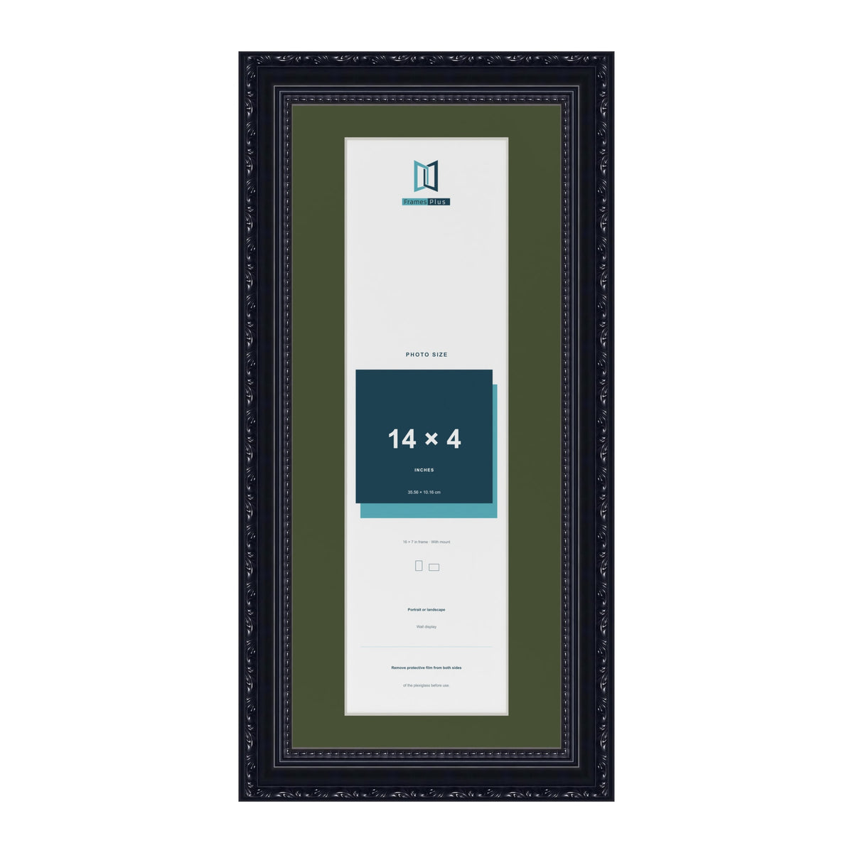 Louis Black 16 x 7 inch picture frame with a green mount for a 14 x 4 inch photo