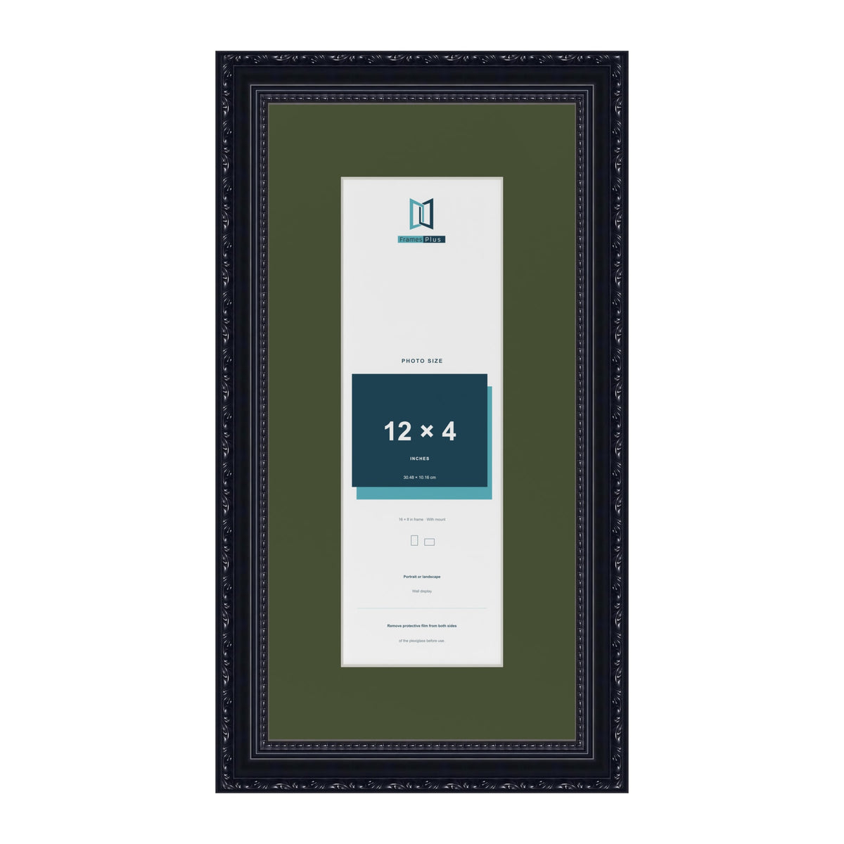 Louis Black 16 x 8 inch picture frame with a green mount for a 12 x 4 inch photo