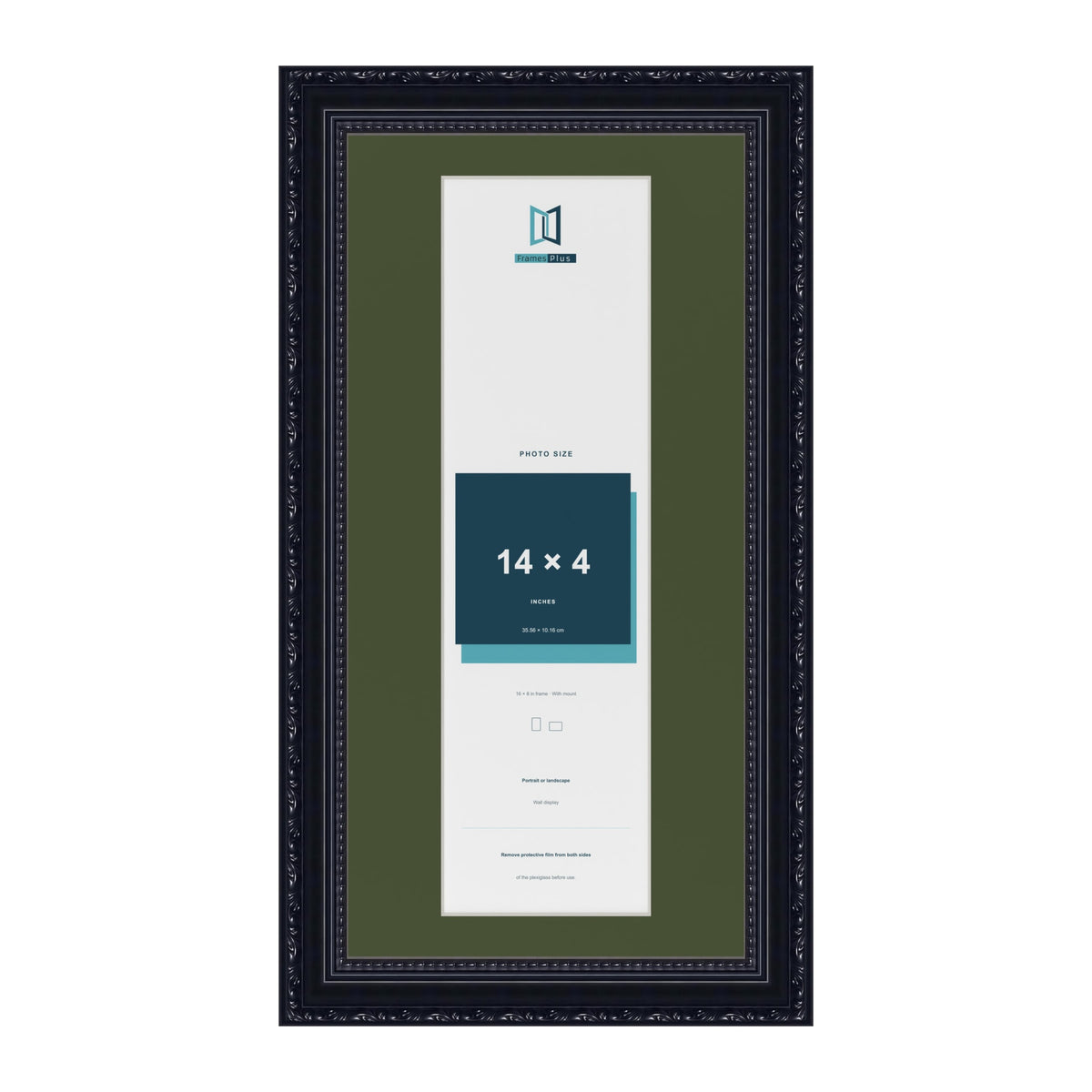 Louis Black 16 x 8 inch picture frame with a green mount for a 14 x 4 inch photo