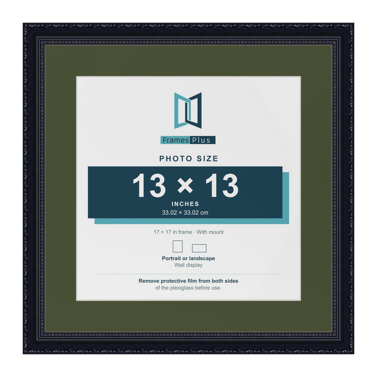 Louis Black 17 x 17 inch picture frame with a green mount for a 13 x 13 inch photo