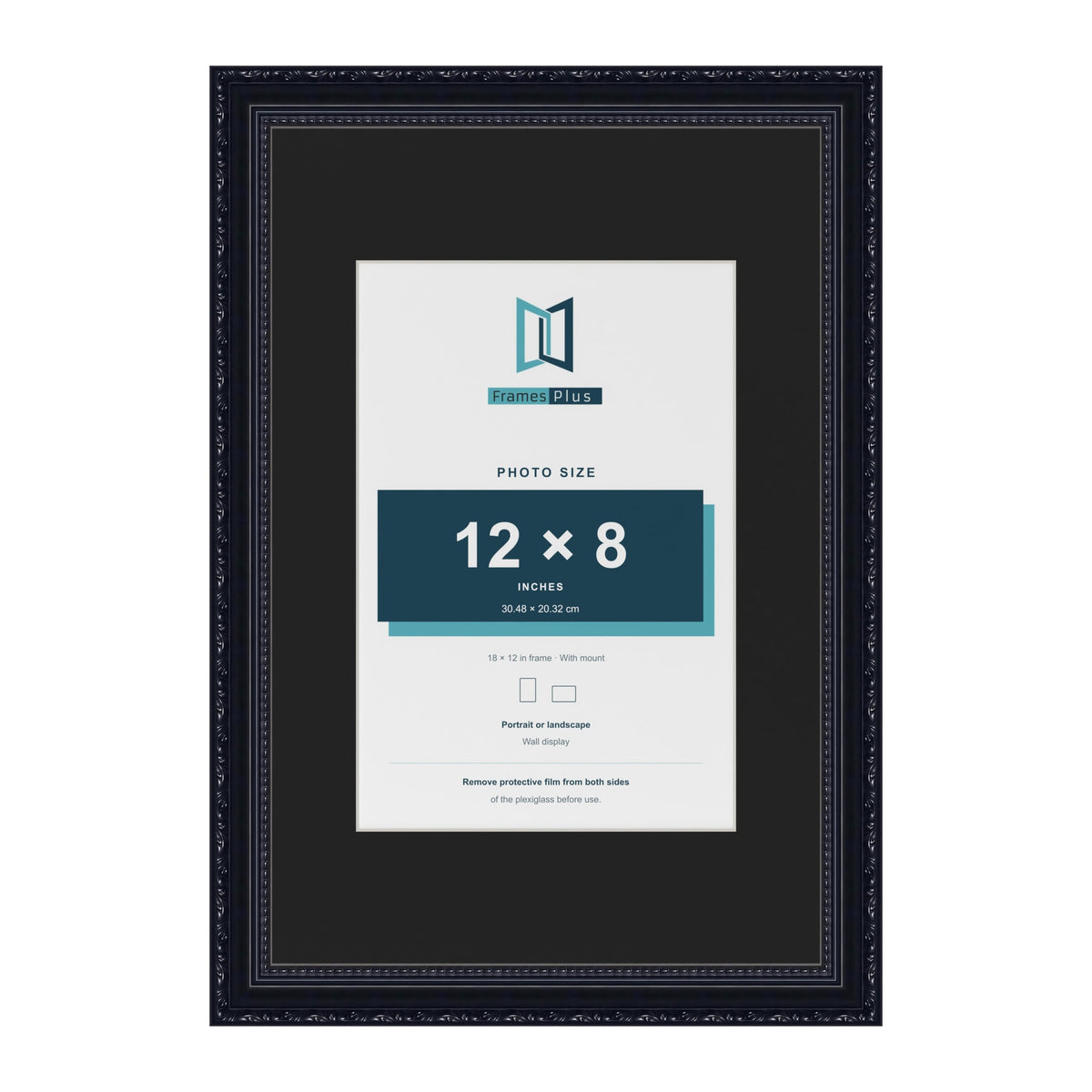 Louis Black 18 x 12 inch picture frame with a black mount for a 12 x 8 inch photo