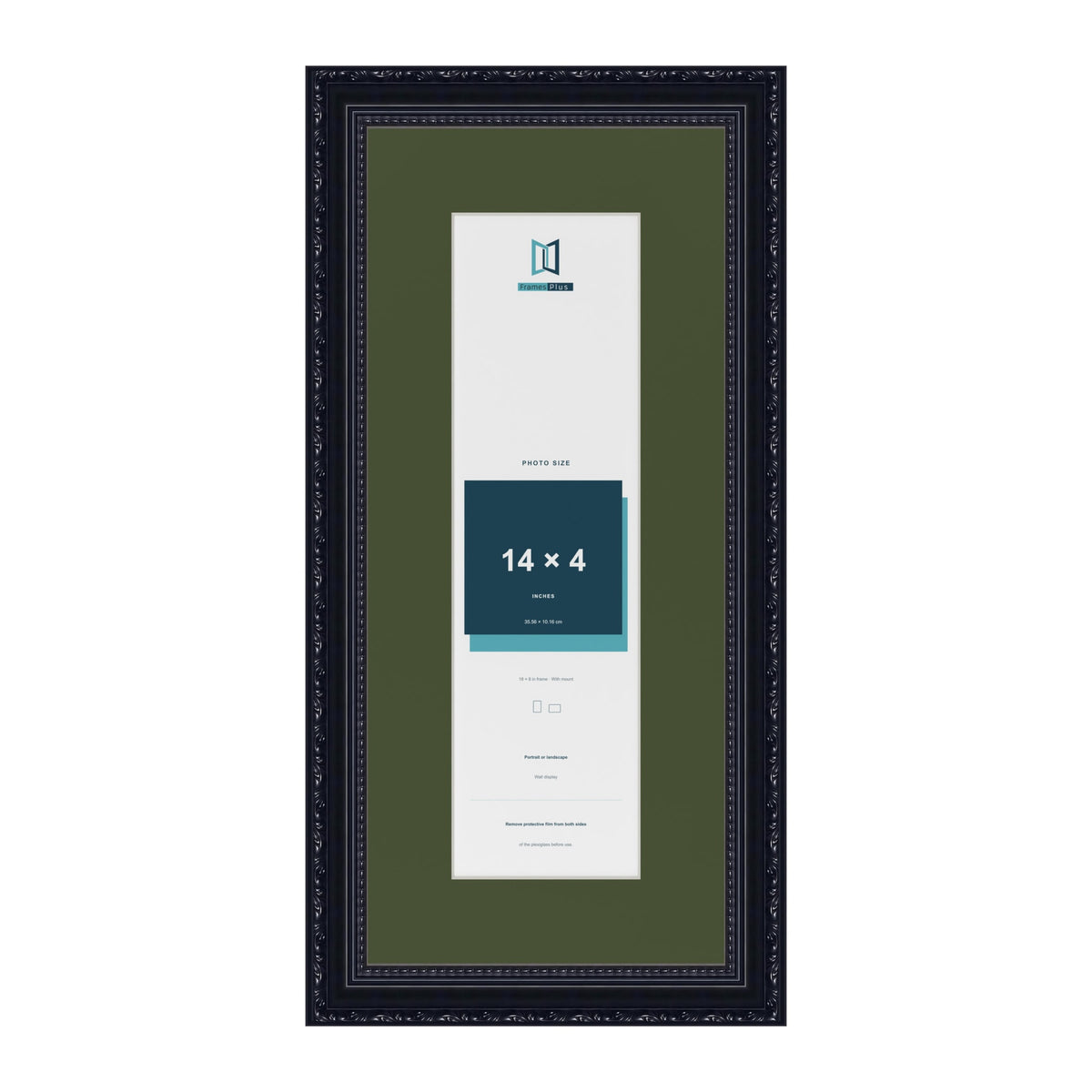 Louis Black 18 x 8 inch picture frame with a green mount for a 14 x 4 inch photo