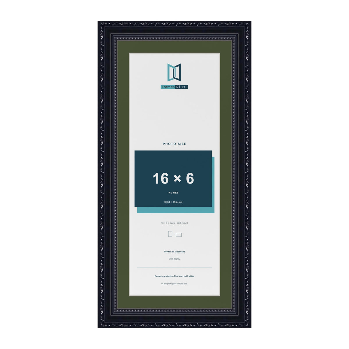 Louis Black 18 x 8 inch picture frame with a green mount for a 16 x 6 inch photo