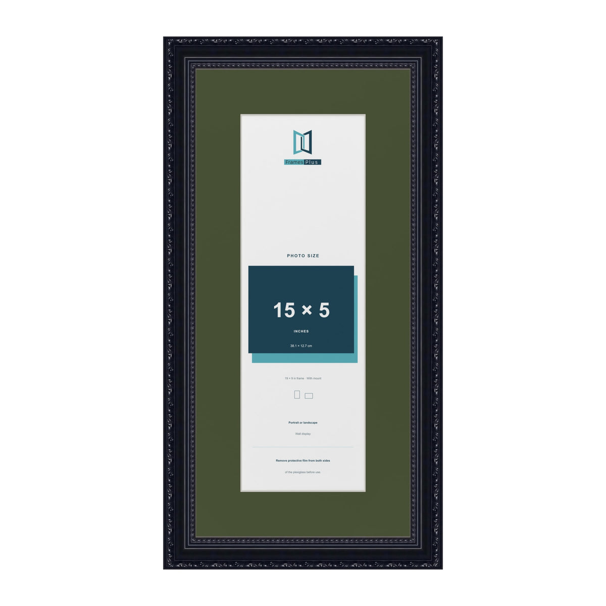 Louis Black 19 x 9 inch picture frame with a green mount for a 15 x 5 inch photo