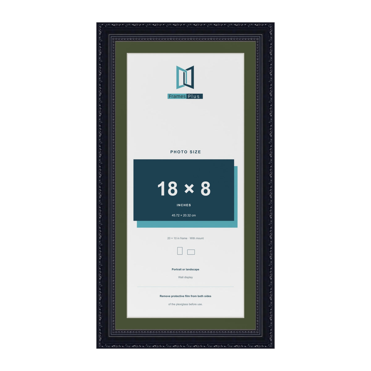 Louis Black 20 x 10 inch picture frame with a green mount for an 18 x 8 inch photo