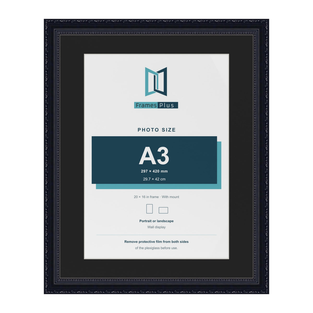 Louis Black 20 x 16 inch picture frame with a black mount for an A3 photo
