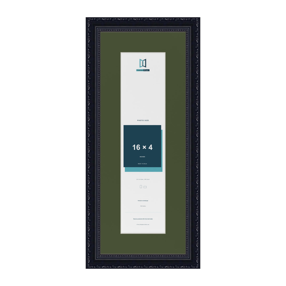 Louis Black 20 x 8 inch picture frame with a green mount for a 16 x 4 inch photo
