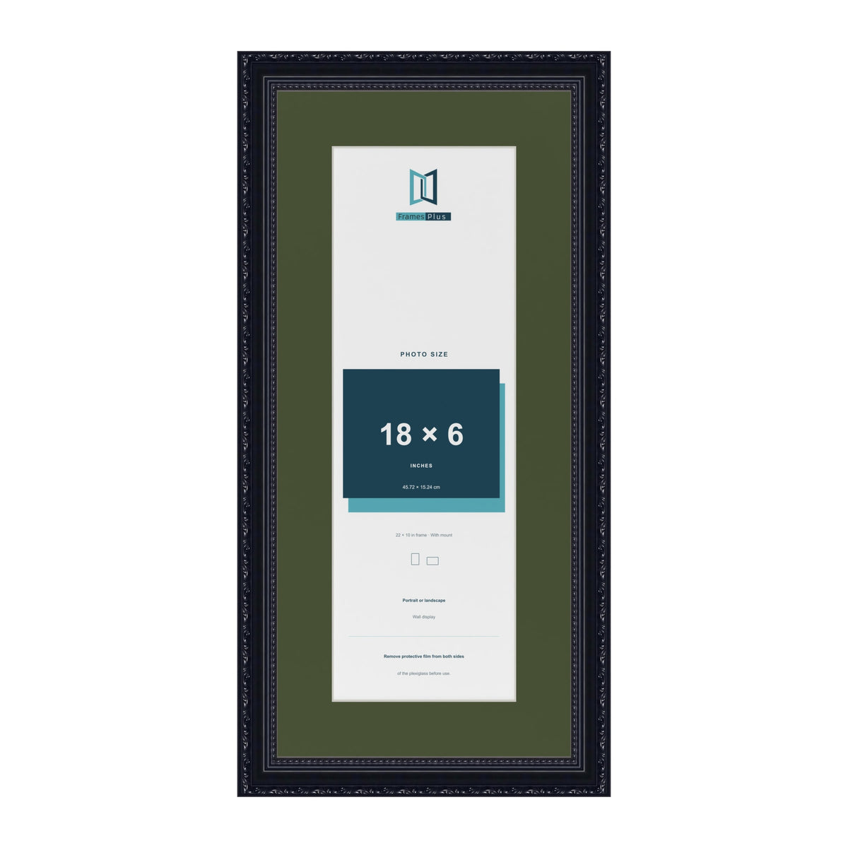 Louis Black 22 x 10 inch picture frame with a green mount for an 18 x 6 inch photo