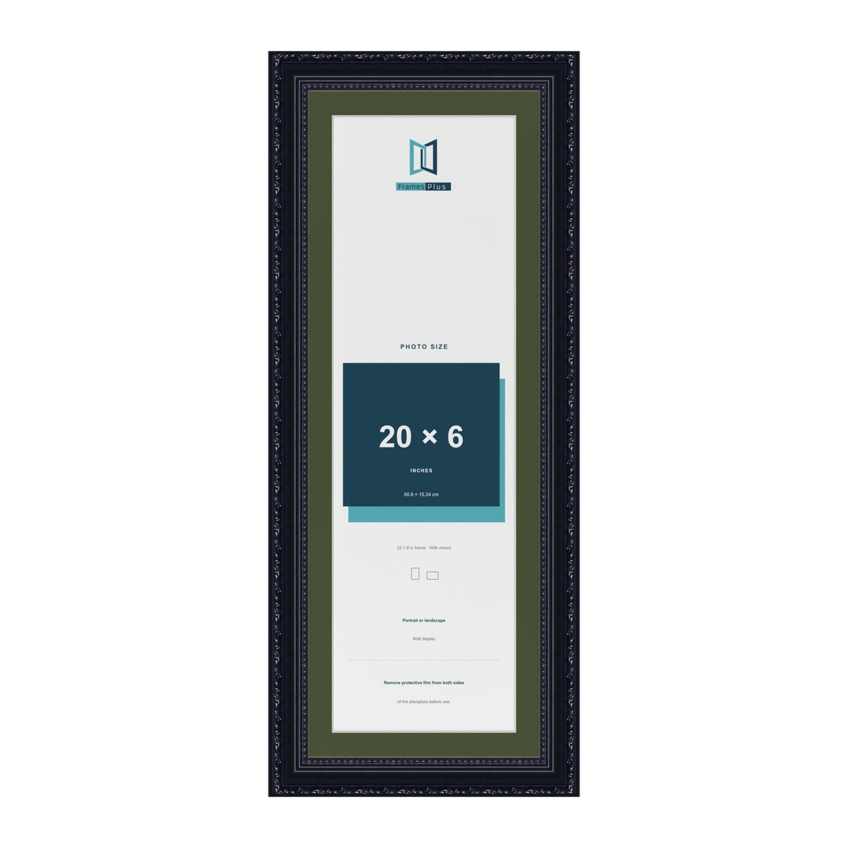 Louis Black 22 x 8 inch picture frame with a green mount for a 20 x 6 inch photo