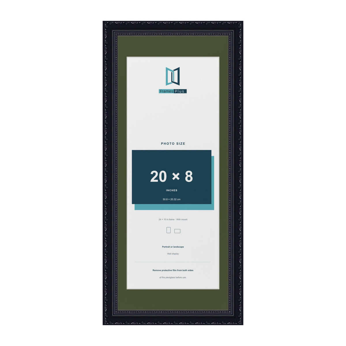 Louis Black 24 x 10 inch picture frame with a green mount for a 20 x 8 inch photo