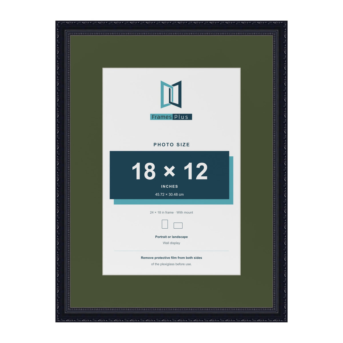 Louis Black 24 x 18 inch picture frame with a green mount for an 18 x 12 inch photo