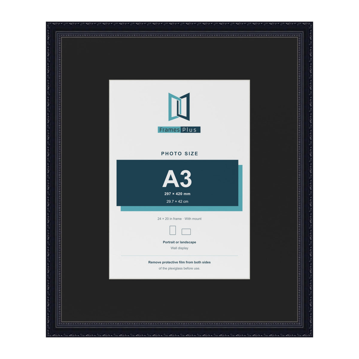 Louis Black 24 x 20 inch picture frame with a black mount for an A3 photo