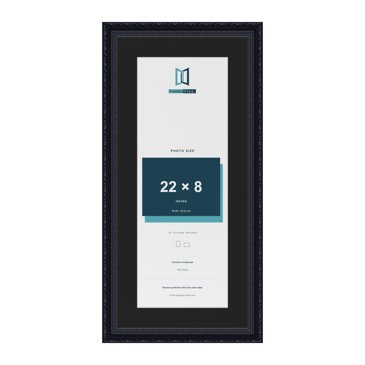 Louis Black 26 x 12 inch picture frame with a black mount for a 22 x 8 inch photo