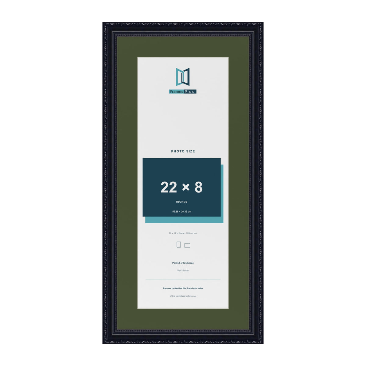 Louis Black 26 x 12 inch picture frame with a green mount for a 22 x 8 inch photo