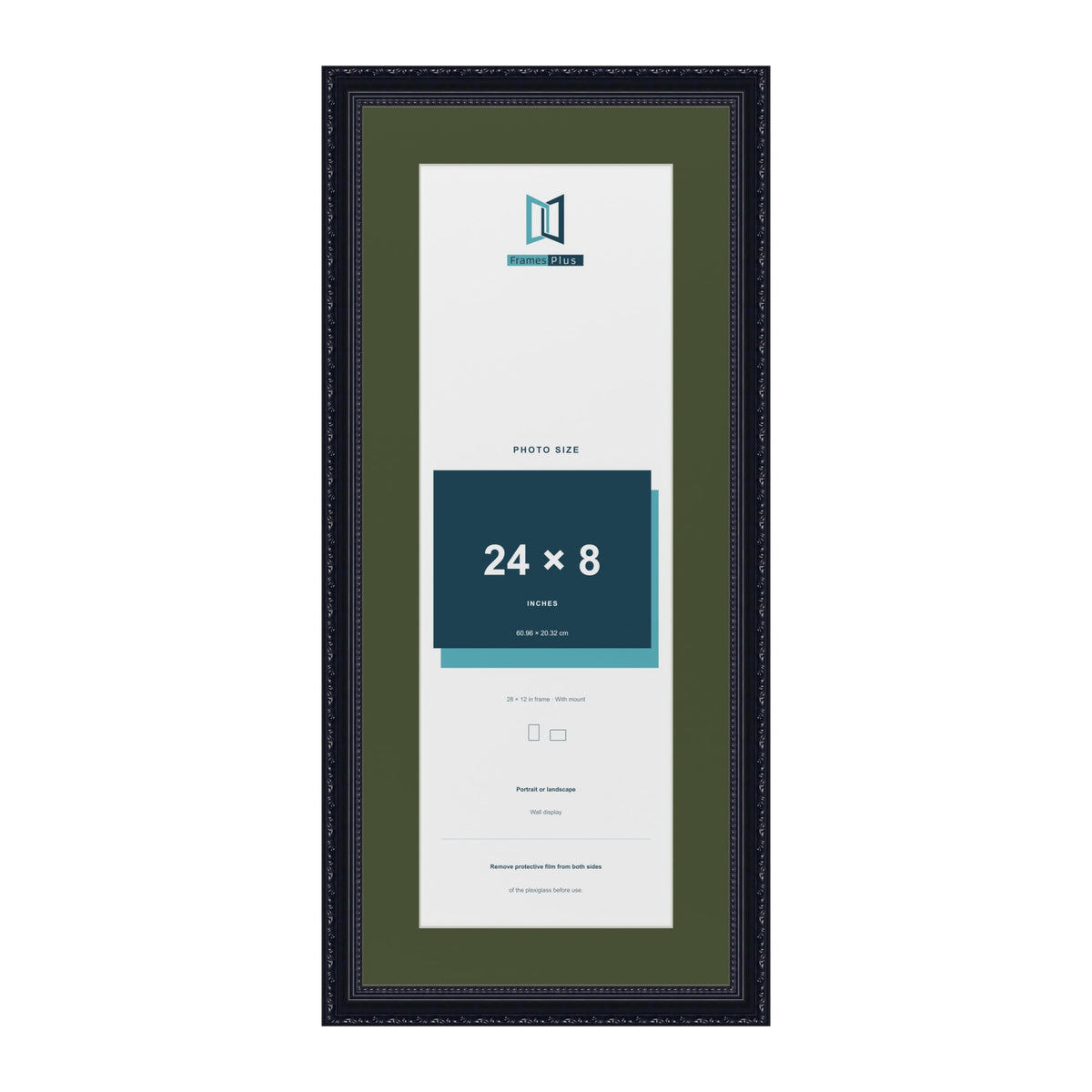 Louis Black 28 x 12 inch picture frame with a green mount for a 24 x 8 inch photo