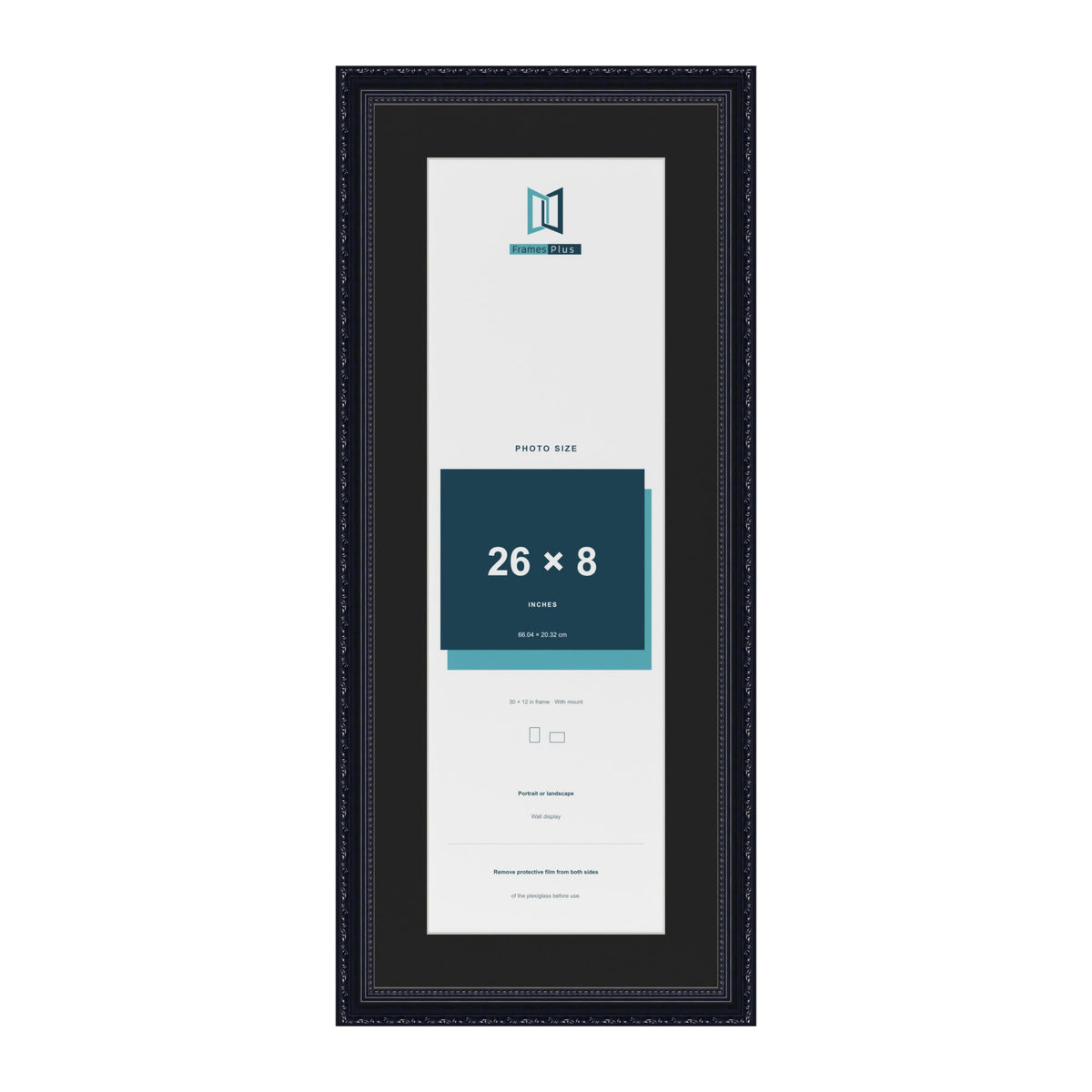 Louis Black 30 x 12 inch picture frame with a black mount for a 26 x 8 inch photo