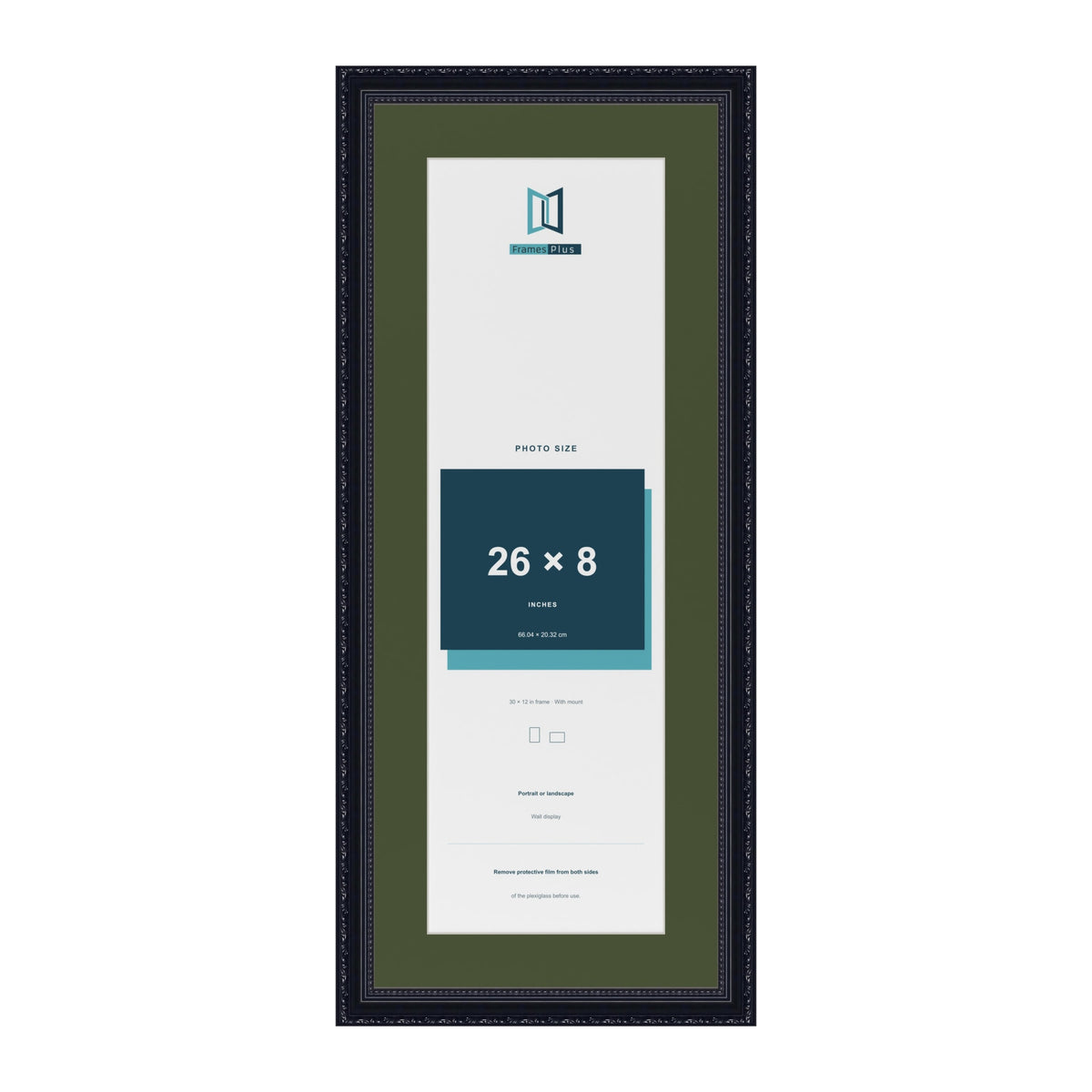 Louis Black 30 x 12 inch picture frame with a green mount for a 26 x 8 inch photo
