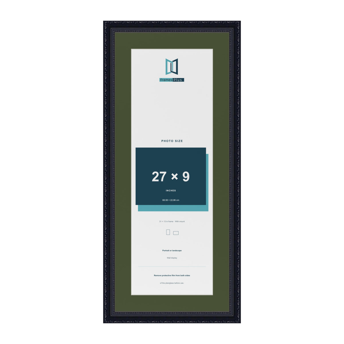 Louis Black 31 x 13 inch picture frame with a green mount for a 27 x 9 inch photo