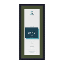 Louis Black 31 x 13 inch picture frame with a green mount for a 27 x 9 inch photo