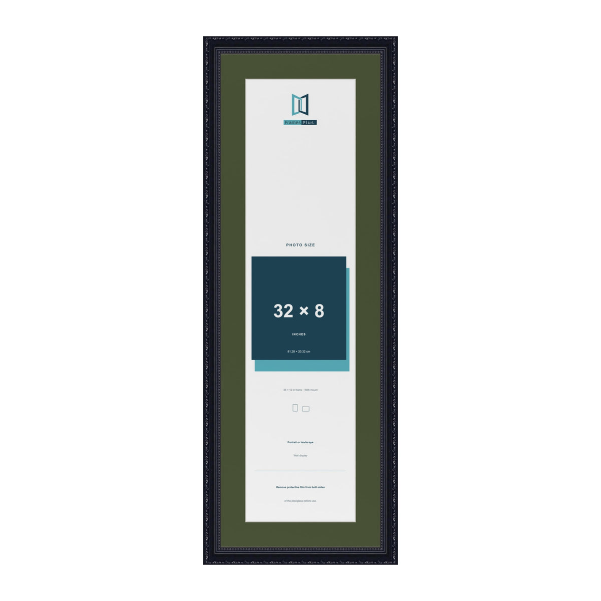 Louis Black 36 x 12 inch picture frame with a green mount for a 32 x 8 inch photo