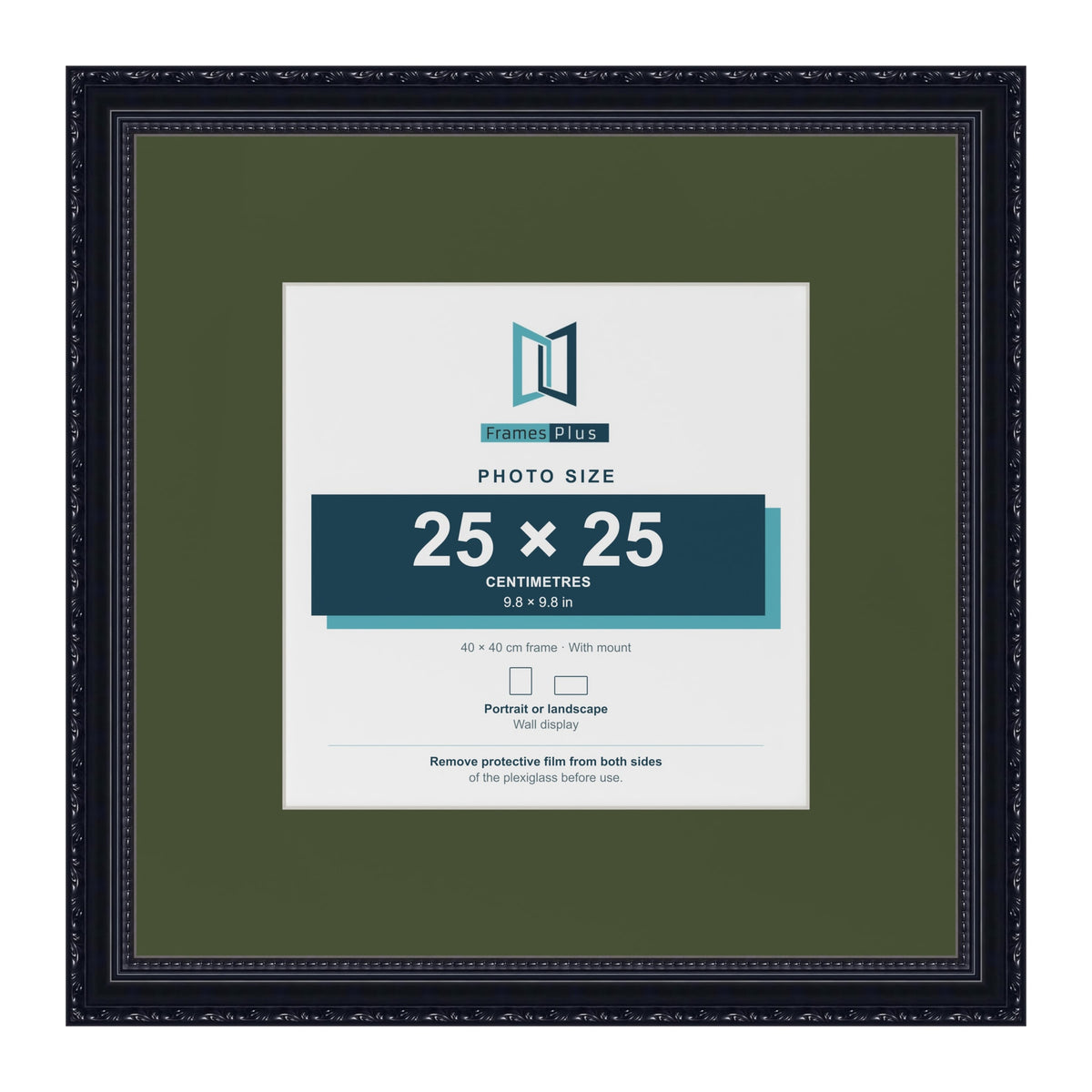 Louis Black 40 x 40 cm picture frame with a green mount for a 25 x 25 cm photo