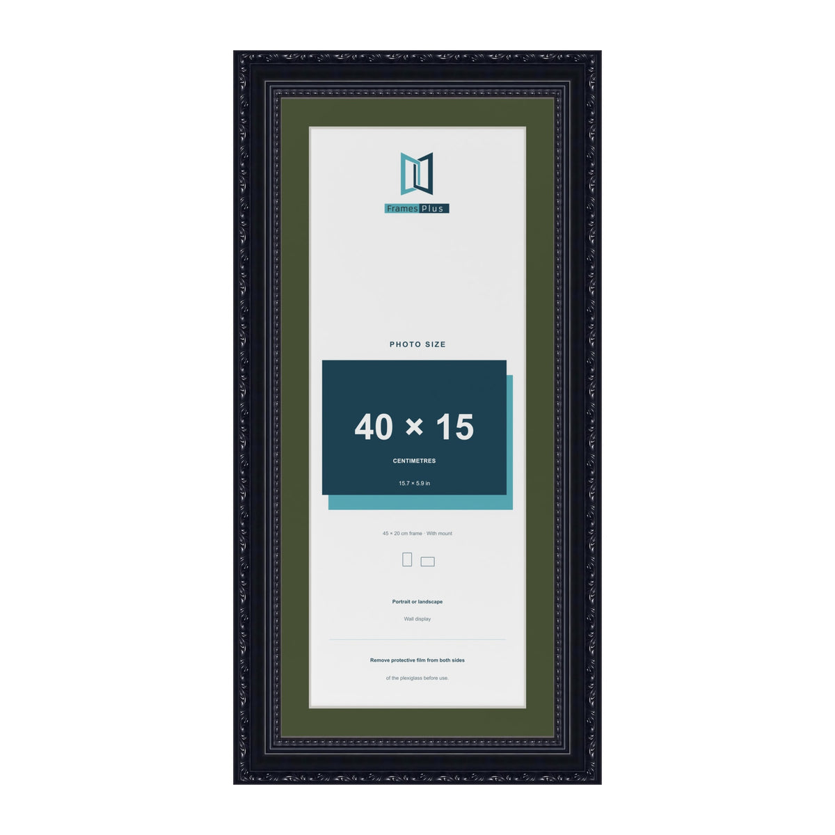 Louis Black 45 x 20 cm picture frame with a green mount for a 40 x 15 cm photo
