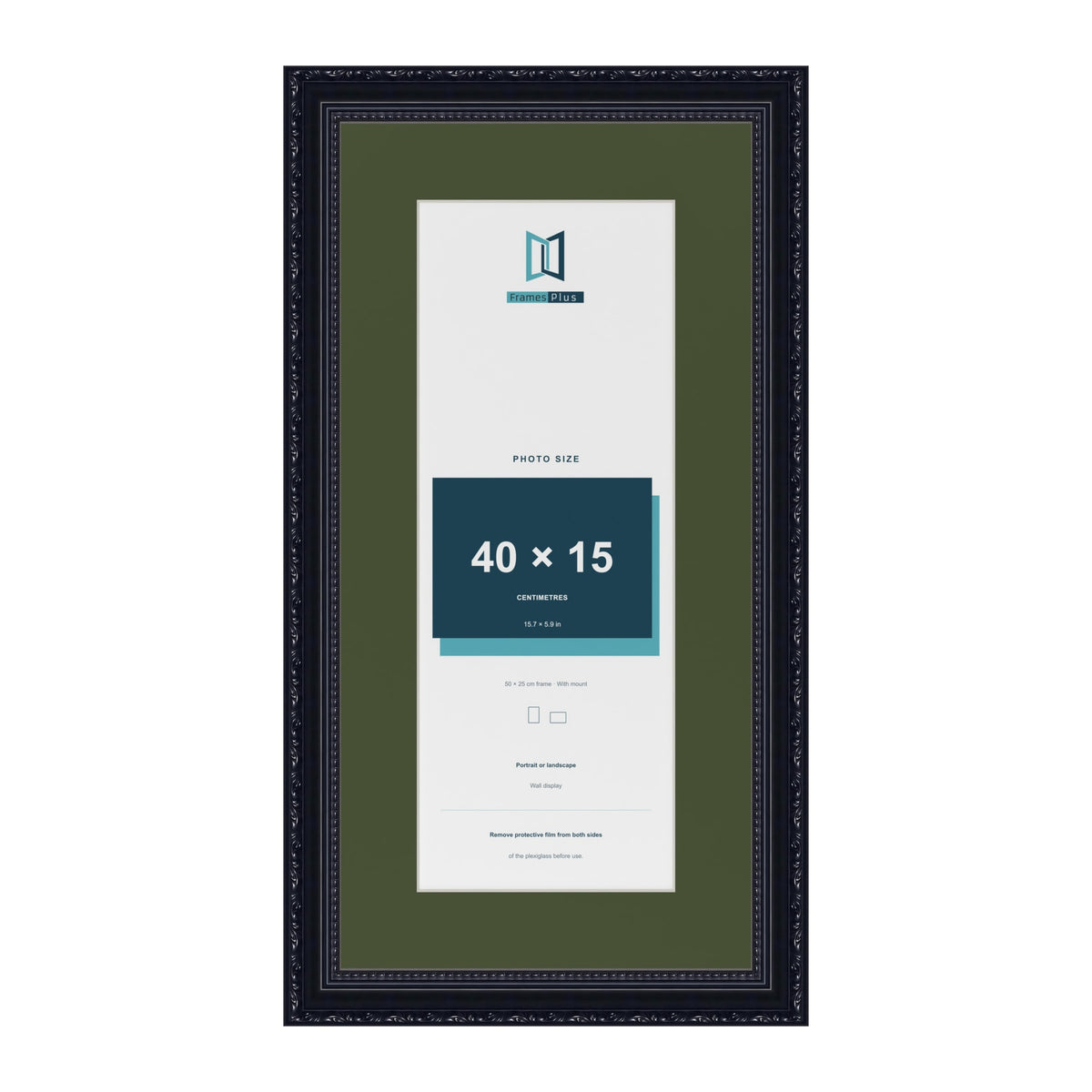 Louis Black 50 x 25 cm picture frame with a green mount for a 40 x 15 cm photo