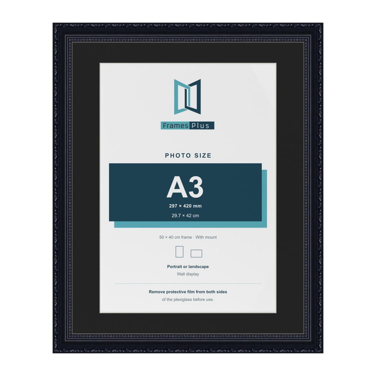 Louis Black 50 x 40 cm picture frame with a black mount for an A3 photo