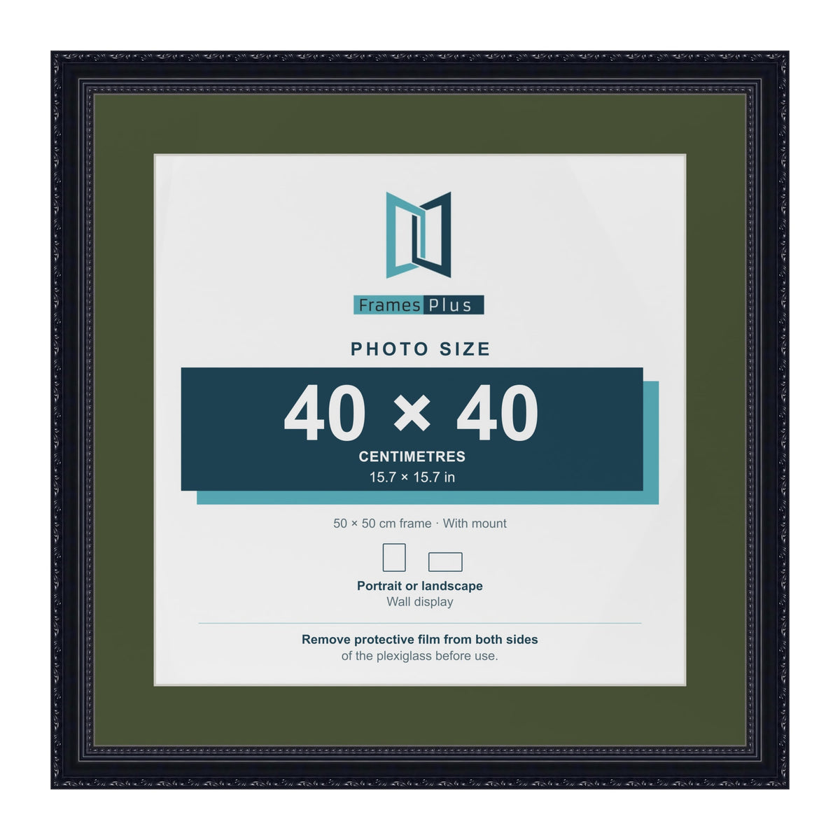 Louis Black 50 x 50 cm picture frame with a green mount for a 40 x 40 cm photo