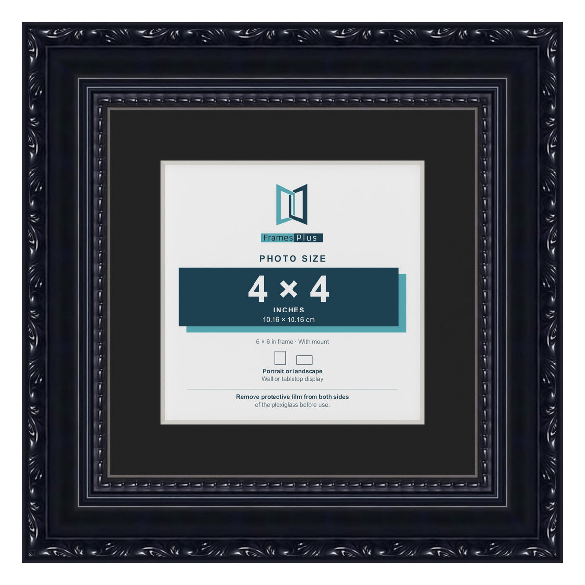 Louis Black 6 x 6 inch picture frame with a black mount for a 4 x 4 inch photo