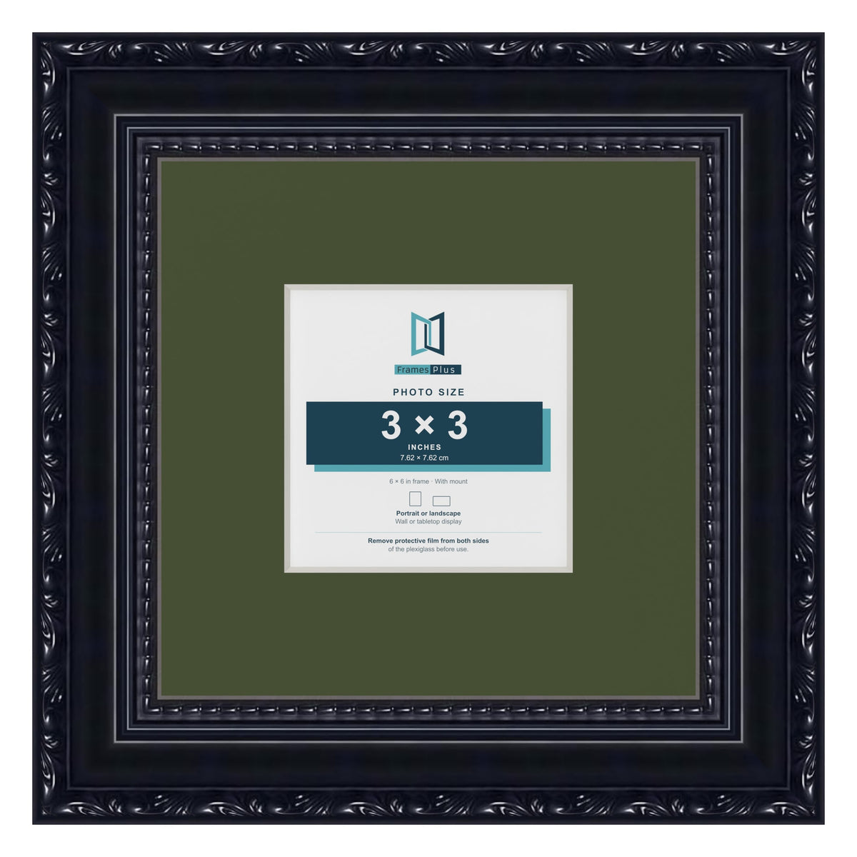 Louis Black 6 x 6 inch picture frame with a green mount for a 3 x 3 inch photo