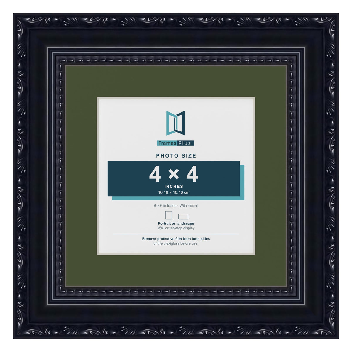 Louis Black 6 x 6 inch picture frame with a green mount for a 4 x 4 inch photo