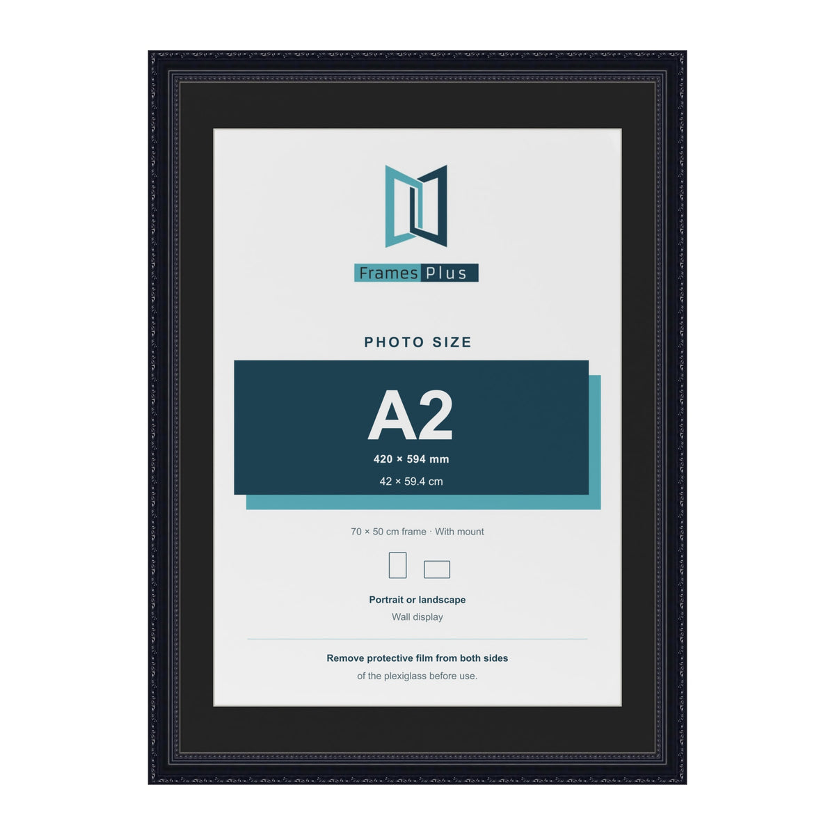 Louis Black 70 x 50 cm picture frame with a black mount for an A2 photo