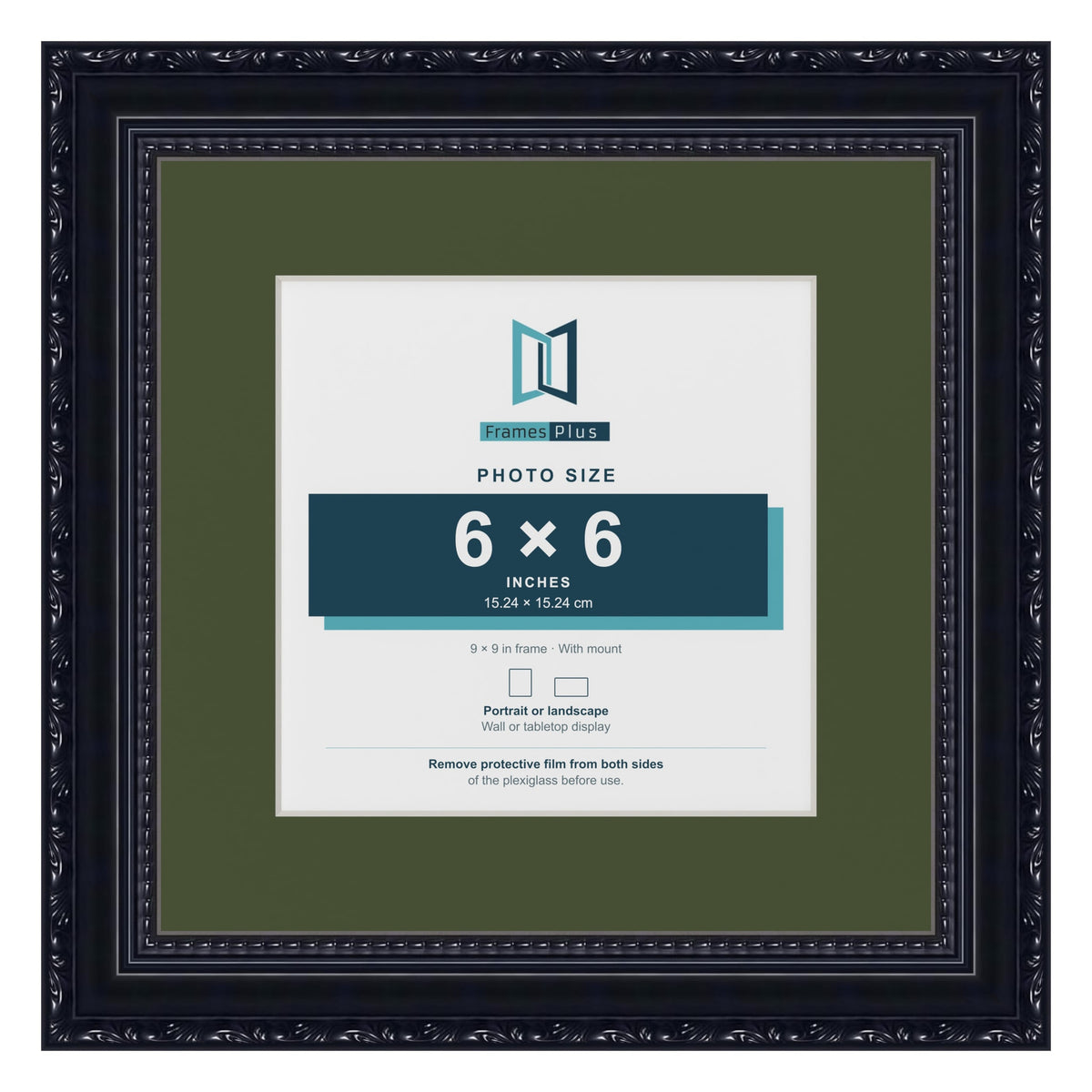 Louis Black 9 x 9 inch picture frame with a green mount for a 6 x 6 inch photo