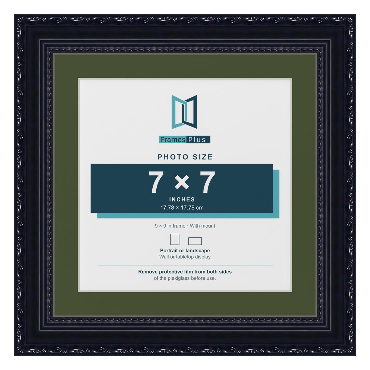Louis Black 9 x 9 inch picture frame with a green mount for a 7 x 7 inch photo