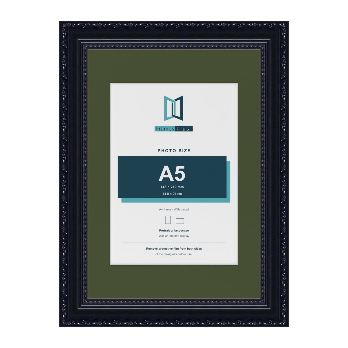 Louis Black A4 picture frame with a green mount for an A5 photo