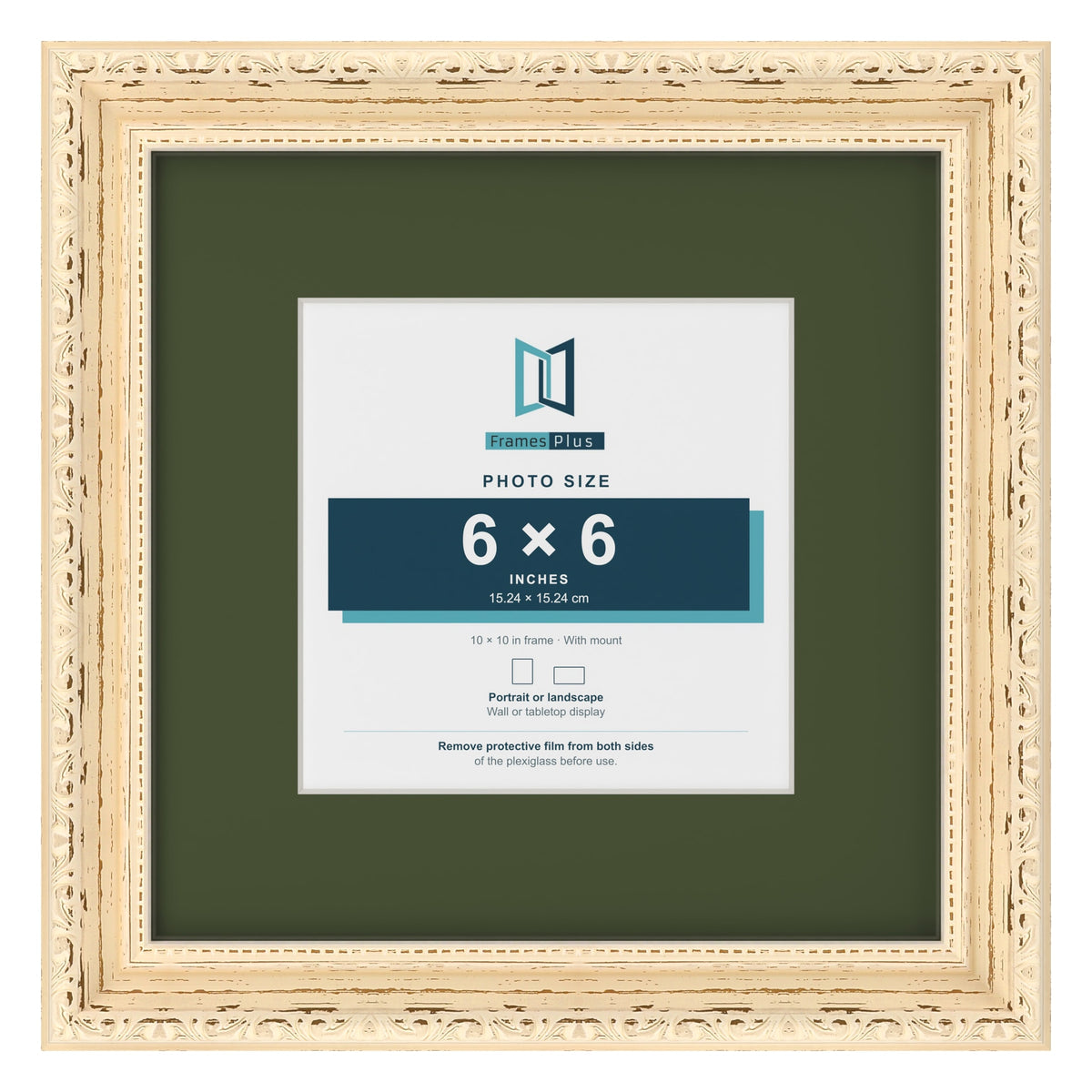 Louis Cream 10 x 10 inch picture frame with a green mount for a 6 x 6 inch photo