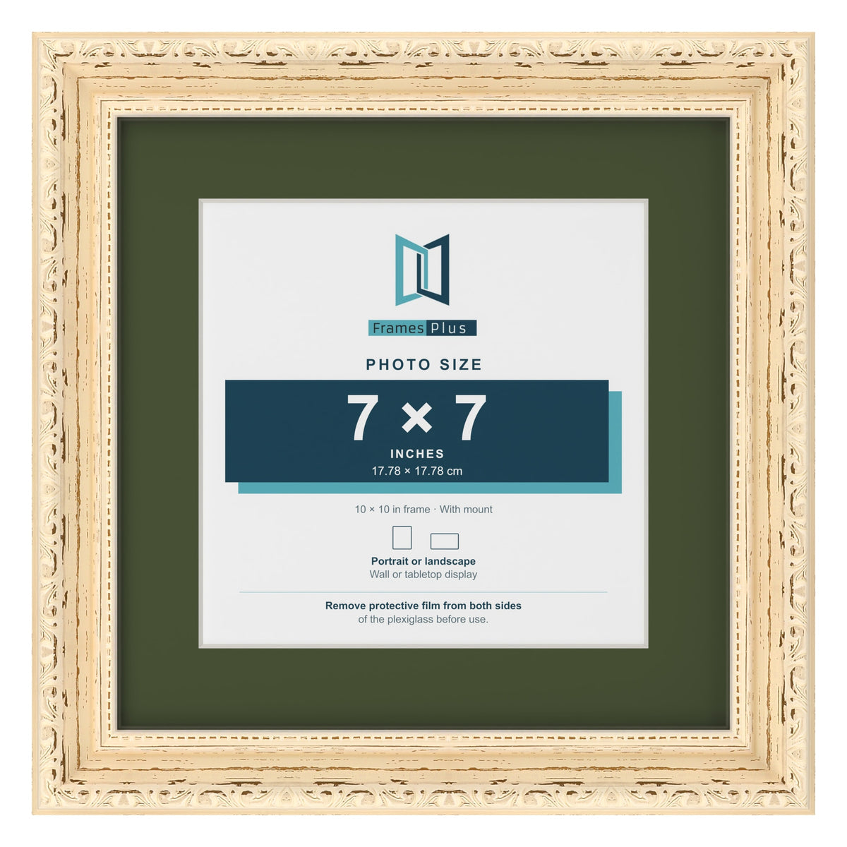 Louis Cream 10 x 10 inch picture frame with a green mount for a 7 x 7 inch photo