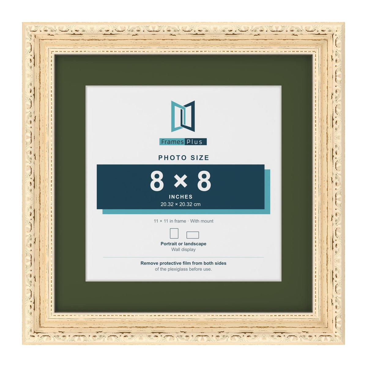 Louis Cream 11 x 11 inch picture frame with a green mount for an 8 x 8 inch photo