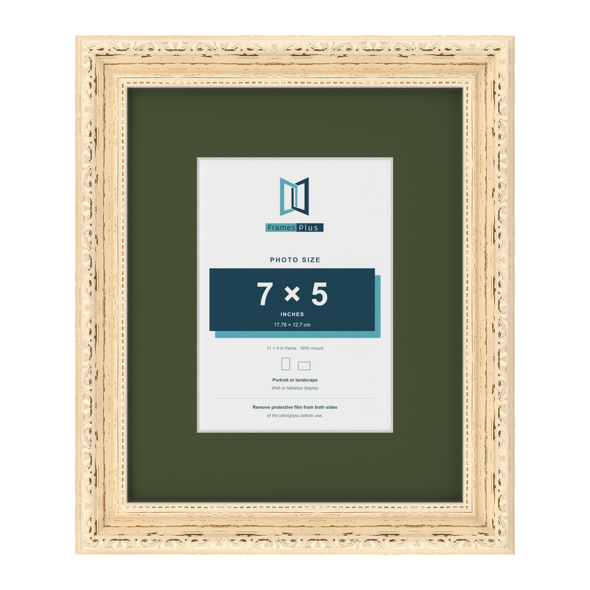 Louis Cream 11 x 9 inch picture frame with a green mount for a 7 x 5 inch photo
