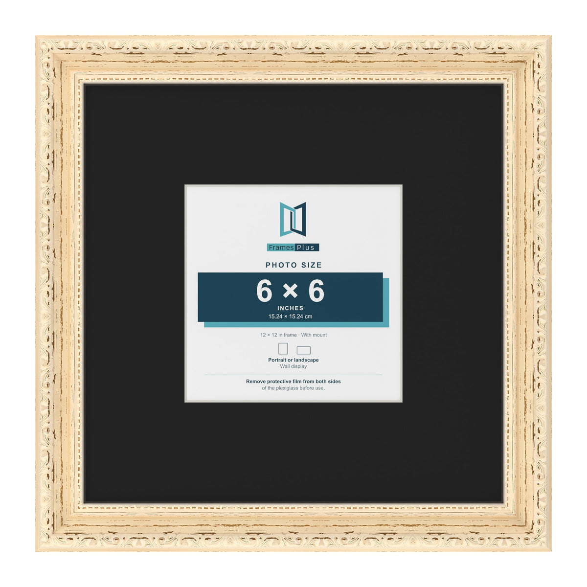Louis Cream 12 x 12 inch picture frame with a black mount for a 6 x 6 inch photo