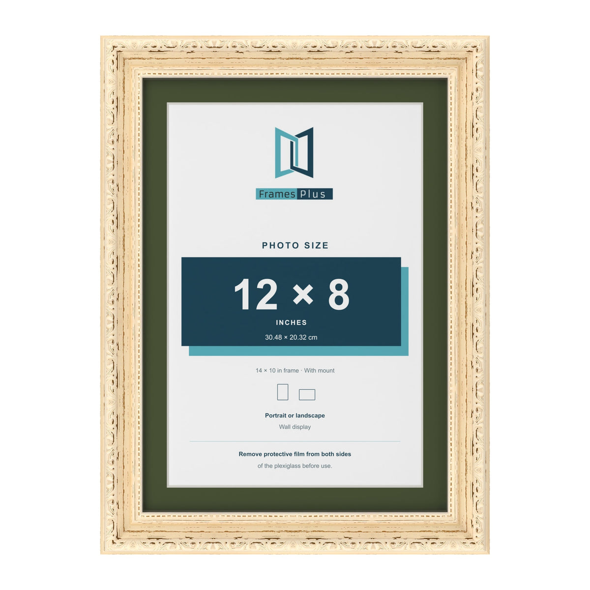 Louis Cream 14 x 10 inch picture frame with a green mount for a 12 x 8 inch photo