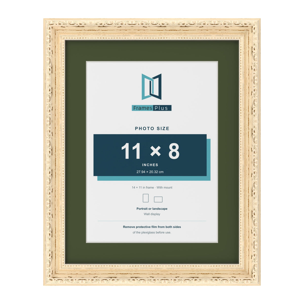 Louis Cream 14 x 11 inch picture frame with a green mount for an 11 x 8 inch photo