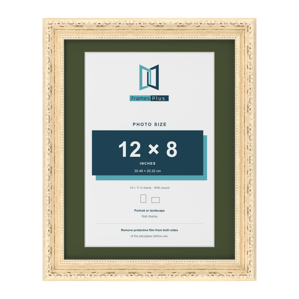 Louis Cream 14 x 11 inch picture frame with a green mount for a 12 x 8 inch photo